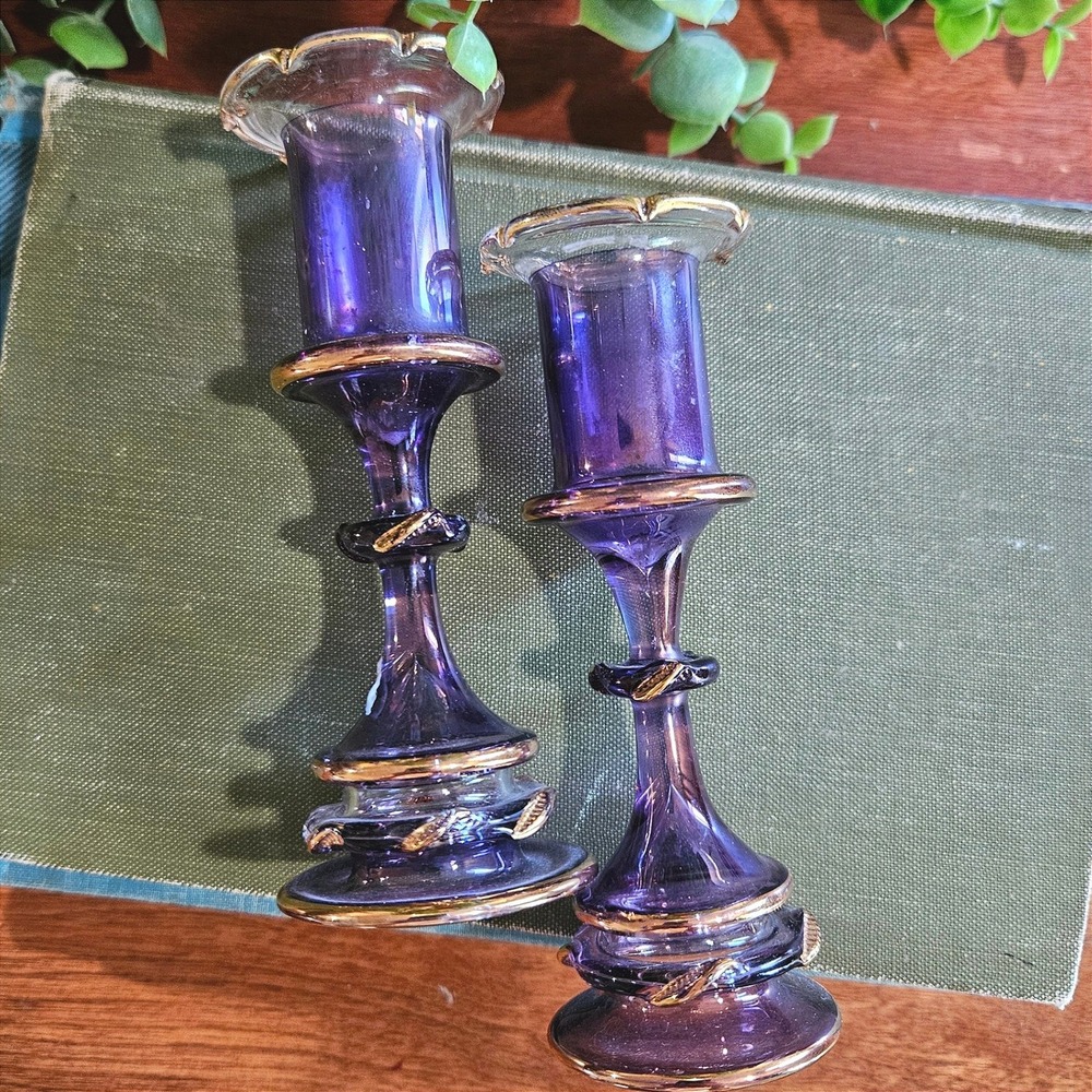 Vintage Hand Blown Amethyst Glass Candlestick Holders Pair Gold Trim Art Glass